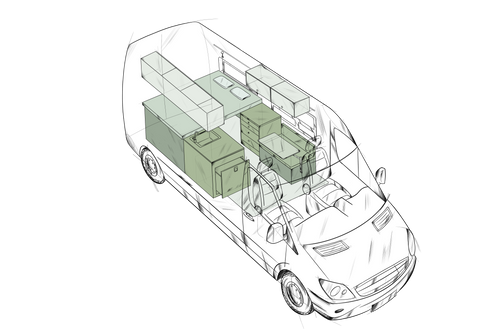 Aleppo van conversion floor plan, isometric cutaway render