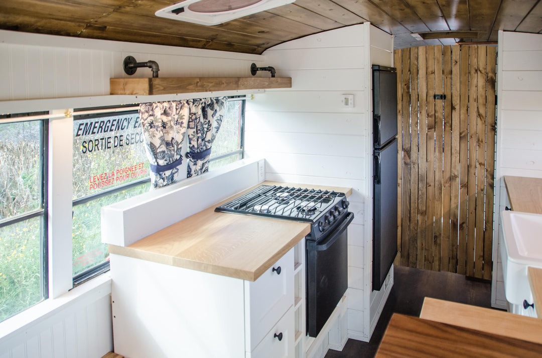 kitchen of school bus conversion
