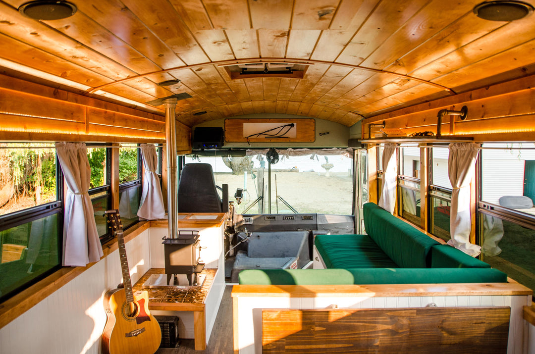 Cabin on wheels school bus conversion back to front view