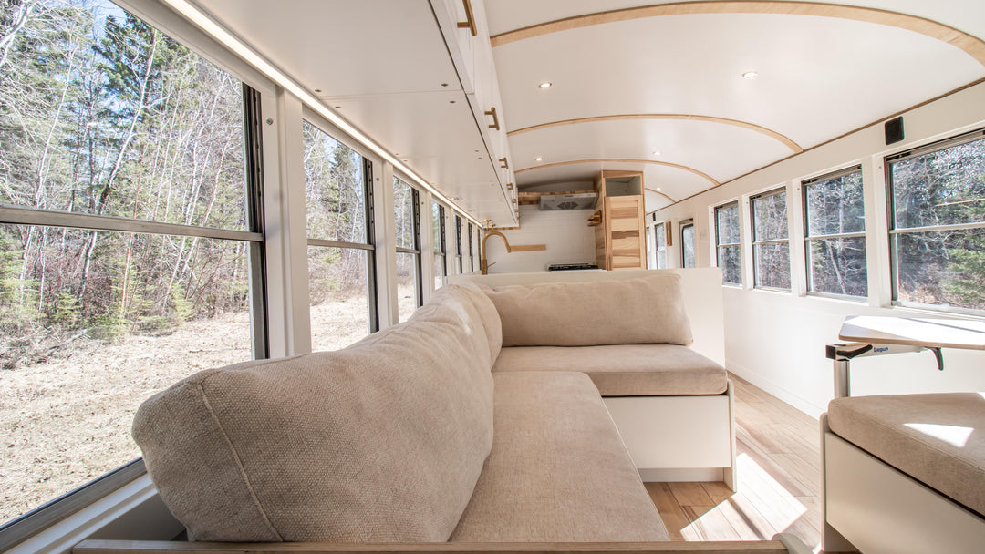 Boho modern white school bus conversion