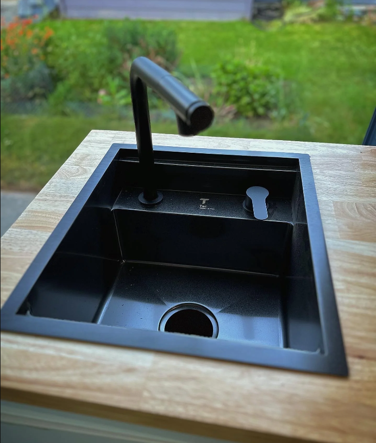 Black Nanotech Stainless Steel Campervan Sink - With Pull Out Faucet