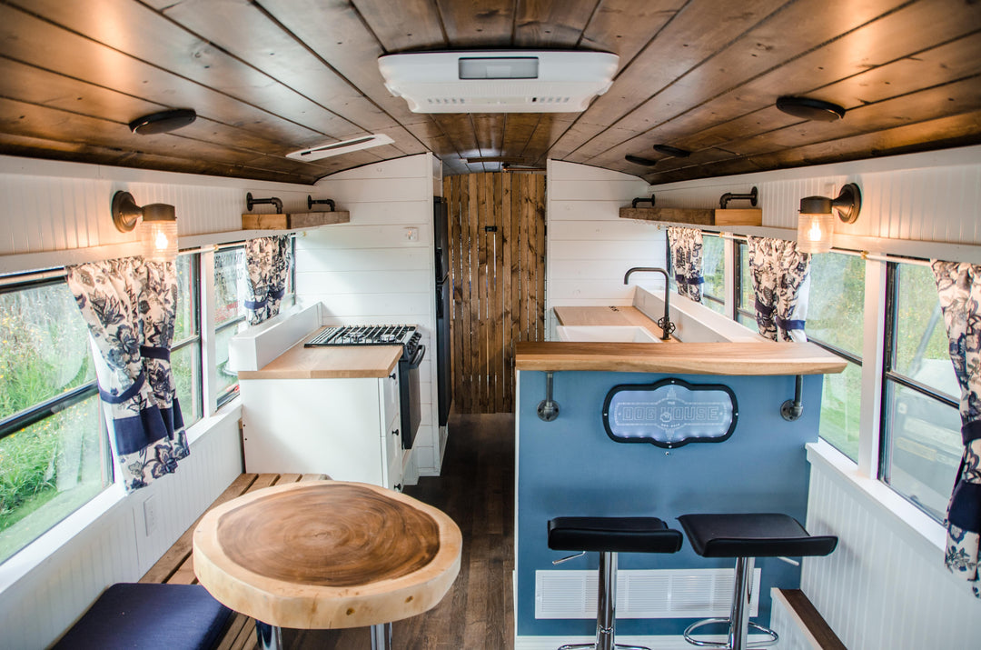 full size school bus conversion with farmhouse finishes